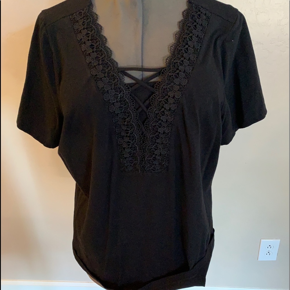 Denim & Co Short Sleeve Shirt with Laced Bodice
